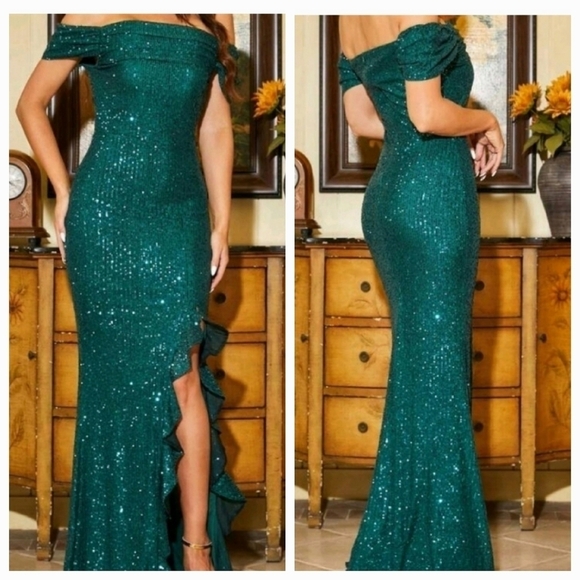 Green Ruffle SplitThig Short Sleeve Sequined Mermaid Gown - Picture 1 of 15